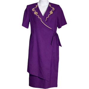 Vintage 90s Spiegel Purple Wrap Dress Gold Embroidered Short Sleeve NWT Size 12